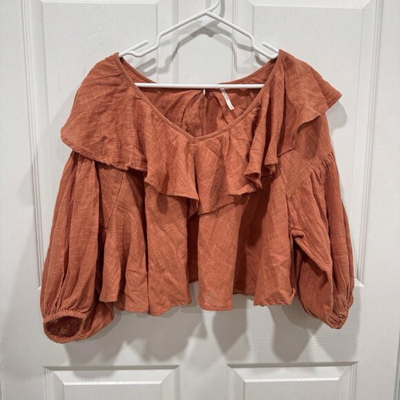 Free People Zuri Ruffle Blouse Open Back In‎ Ginger Spice Size Small S Orange - Picture 3 of 9